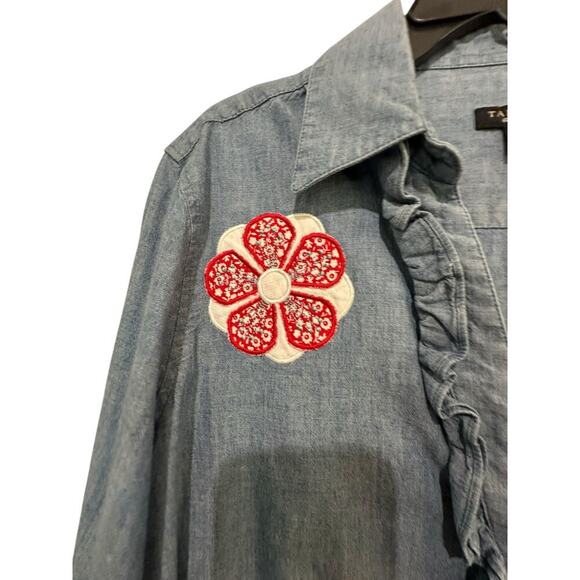 Talbots Blue Floral Embroidered handmade Button Down Chambray Shirt Size 14 - Picture 3 of 9